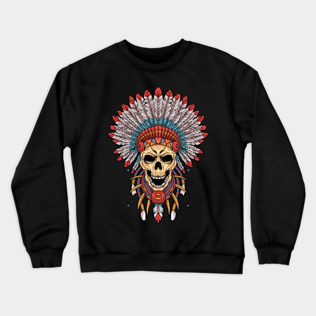 Native American Skull Art Chief Indian Headdress Motorcycle Crewneck Sweatshirt by Proficient Tees